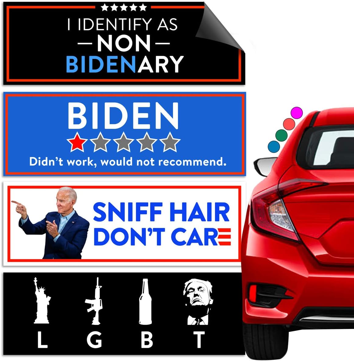 Rio Salto Paquete de 4 imanes políticos divertidos, broma divertida, candidato a presidente de Trump 2024, Maga, anti Joe Biden, accesorios