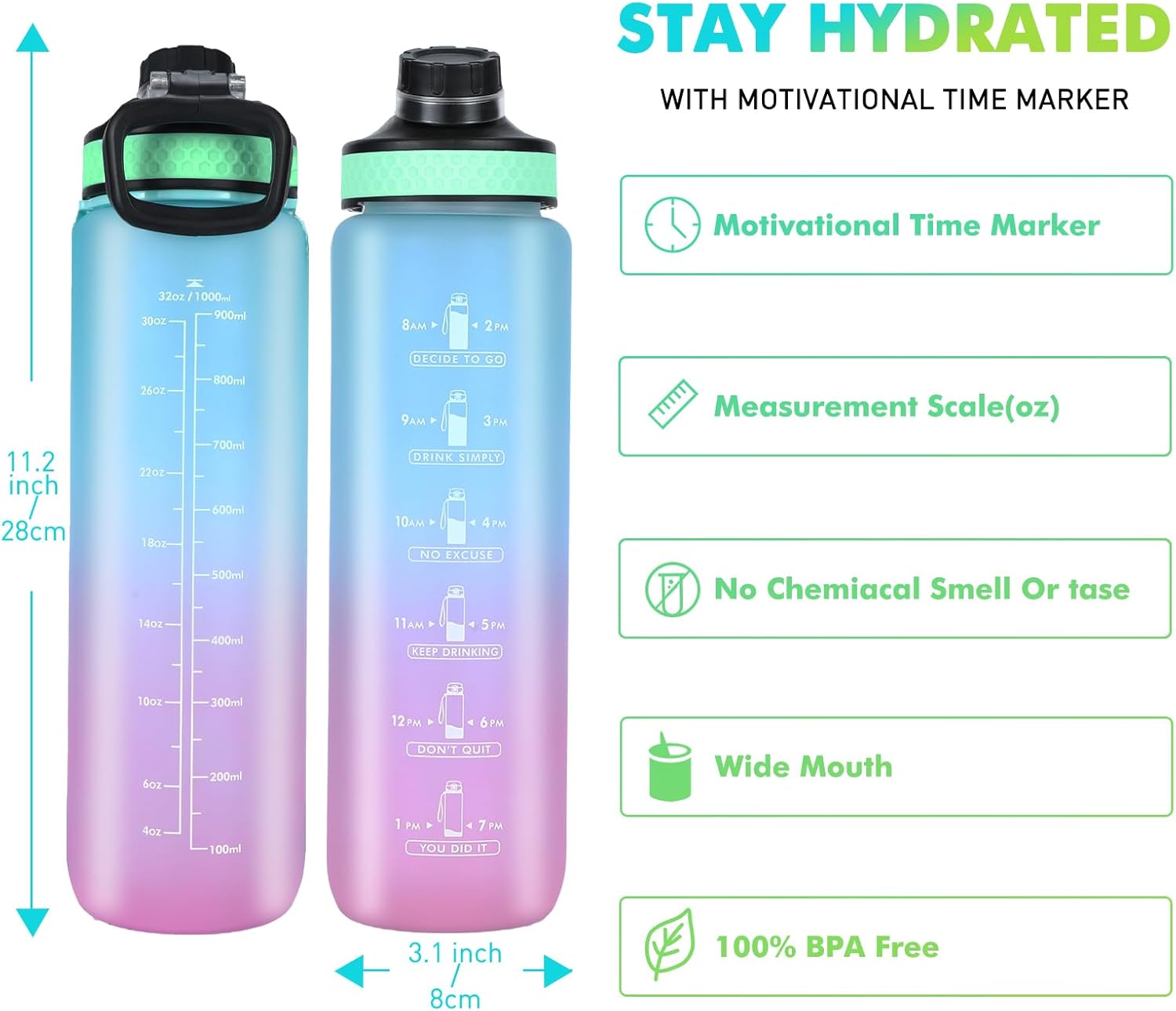 Botella de agua de 34 onzas, botella de bebida motivacional con marcador de tiempo, botella de bebida a prueba de fugas, sin BPA, no tóxica para