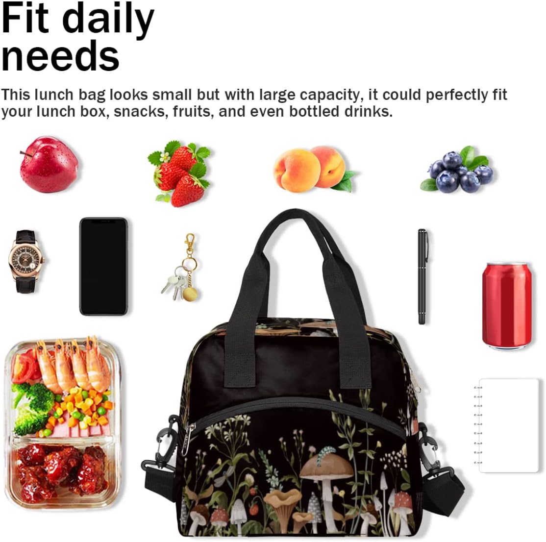 Lonchera con diseño de hongos del bosque, bolsa aisladaenfriadora para mujeres, hombres, niñas, niños, hojas de hierbas, bolsa de almuerzo con