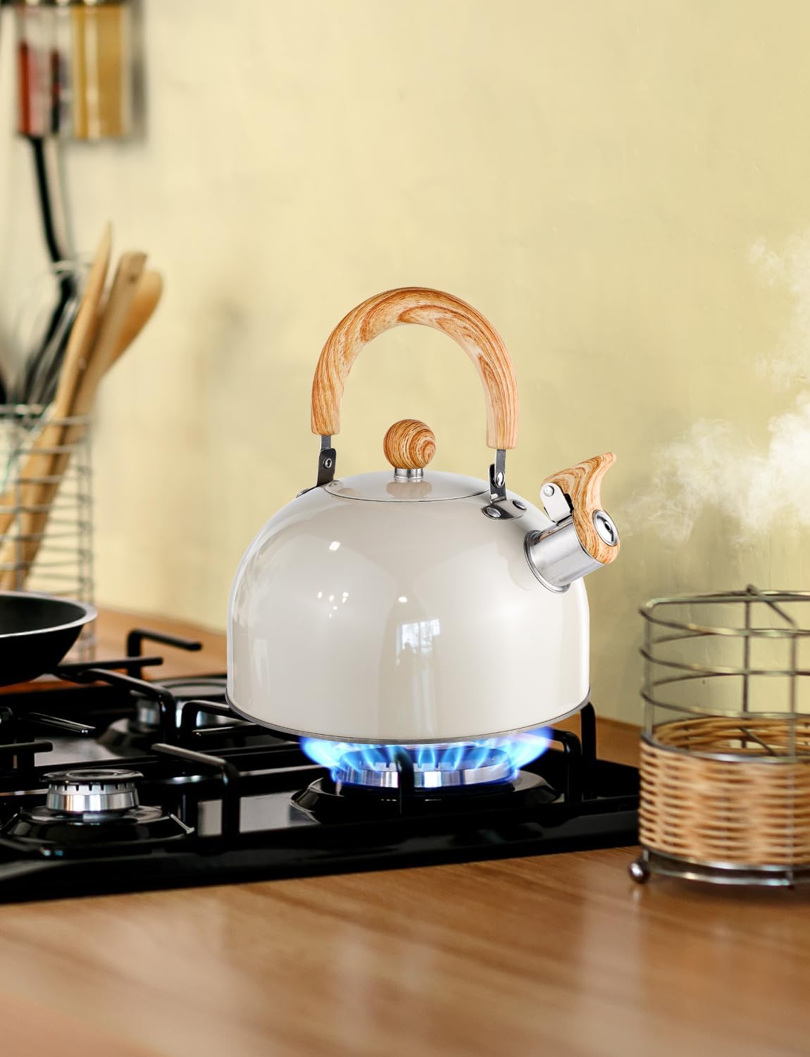 Hervidor de té Whistling para estufa, tetera de acero inoxidable de grado quirúrgico con mango ergonómico que se mantiene fresco, tetera de