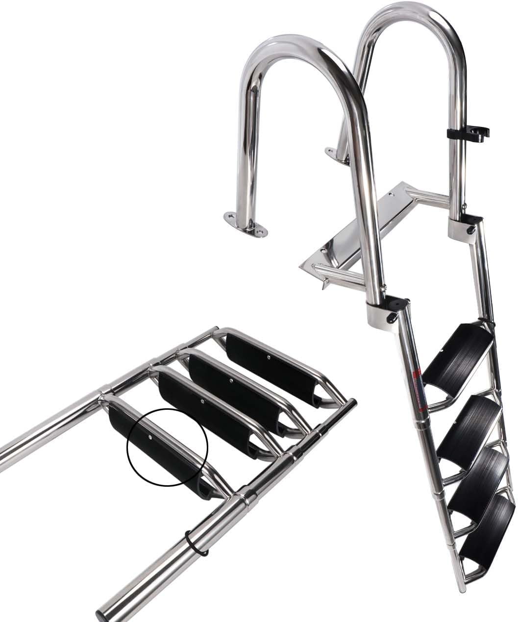 Escalera telescópica para barco de 4 escalones, con barandillas de mano y escalones extra anchos