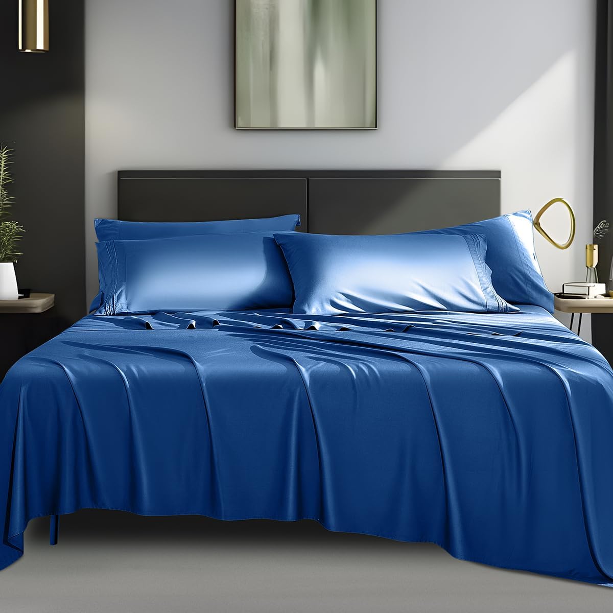 Shilucheng Juego de 6 piezas de sábanas de bambú de 1800 hilos egipcios para cama de tamaño Queen, bolsillos de 16 pulgadas de profundidad, sábanas