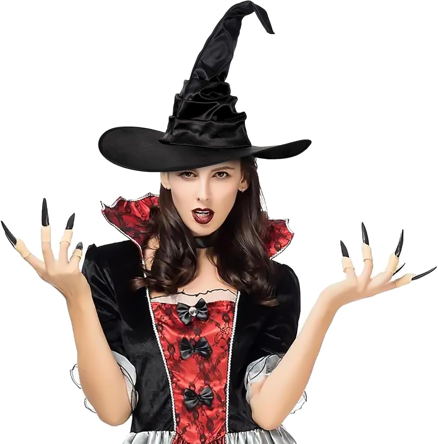 Sombrero de bruja de Halloween, color negro, grande, fruncido para mujeres y hombres, sombrero de mago, gorra puntiaguda, accesorios de disfraz de