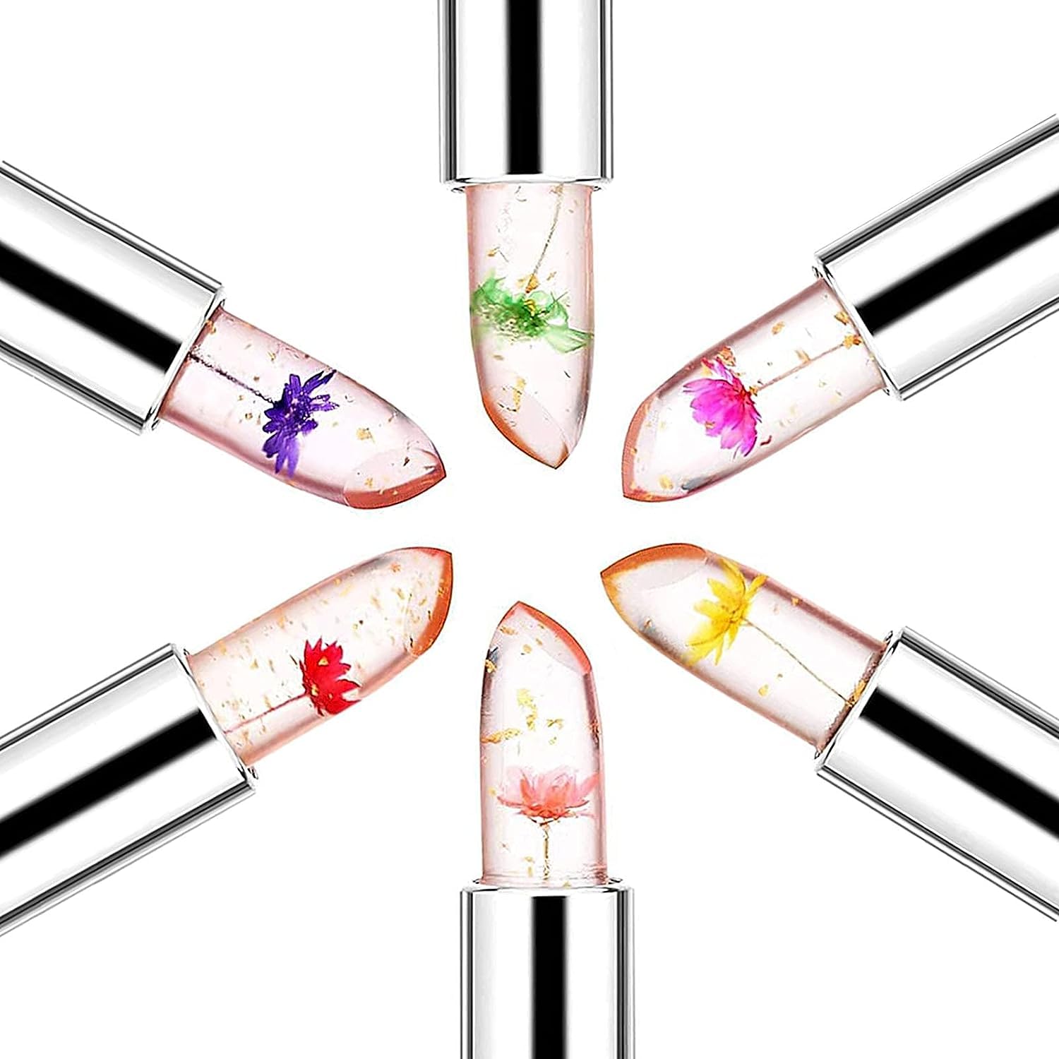 RanRui Paquete de 6 lápices labiales Crystal Flower Jaly, bálsamo labial nutritivo de larga duración, hidratante para labios, cambio de color,