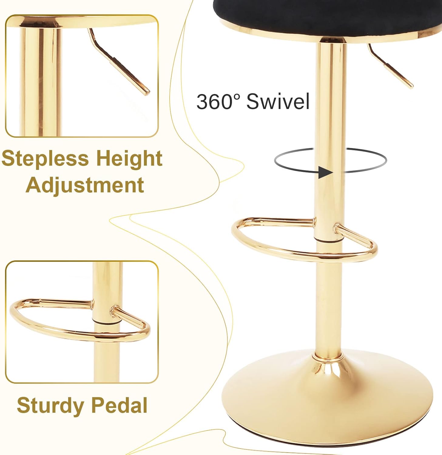 ODUWA Juego de 2 taburetes de bar de terciopelo giratorios de 360 con patas de metal dorado, silla moderna ajustable para comedor con respaldo y