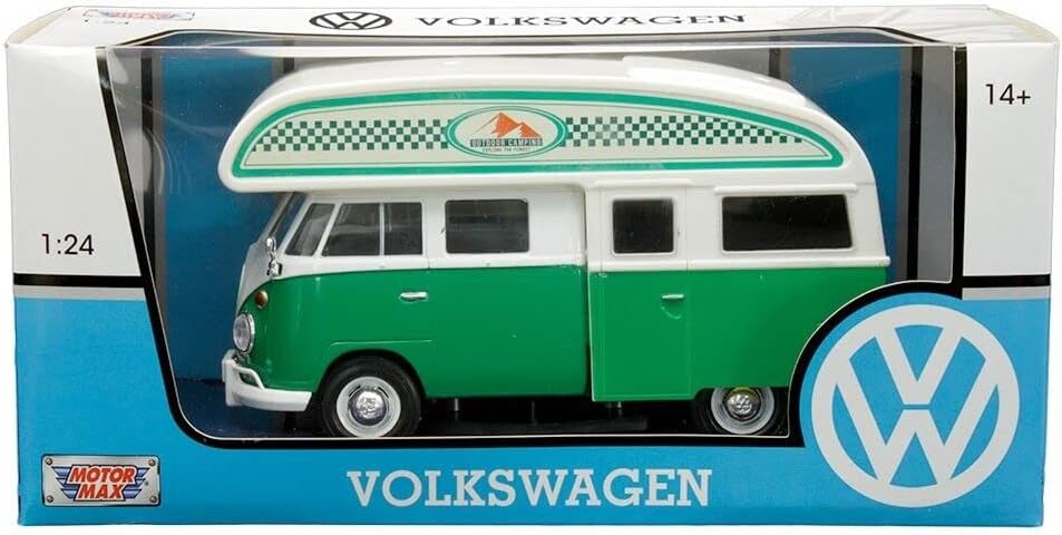 VW Tipo 2 (T1) Camper Van Verde y Blanco para acampar al aire libre Explore The Forest 124 Modelo de auto fundido a presión por Motormax 79592