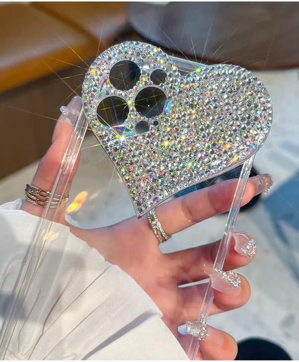 Funda transparente con purpurina compatible con iPhone 15, diseño de corazón 3D con diamantes de imitación femeninos brillantes y corazones
