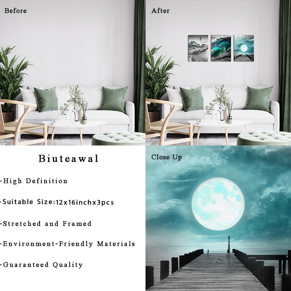 Biuteawal Arte de pared de playa en blanco y negro para decoración de baño, decoración de pared costera verde azulado para sala de estar, faro, olas