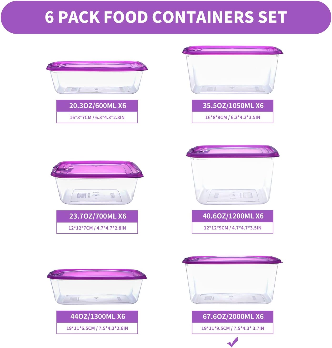 KIGI Paquete de 6 recipientes de plástico para almacenamiento de alimentos con tapas, recipientes herméticos cuadrados para preparación de comidas,