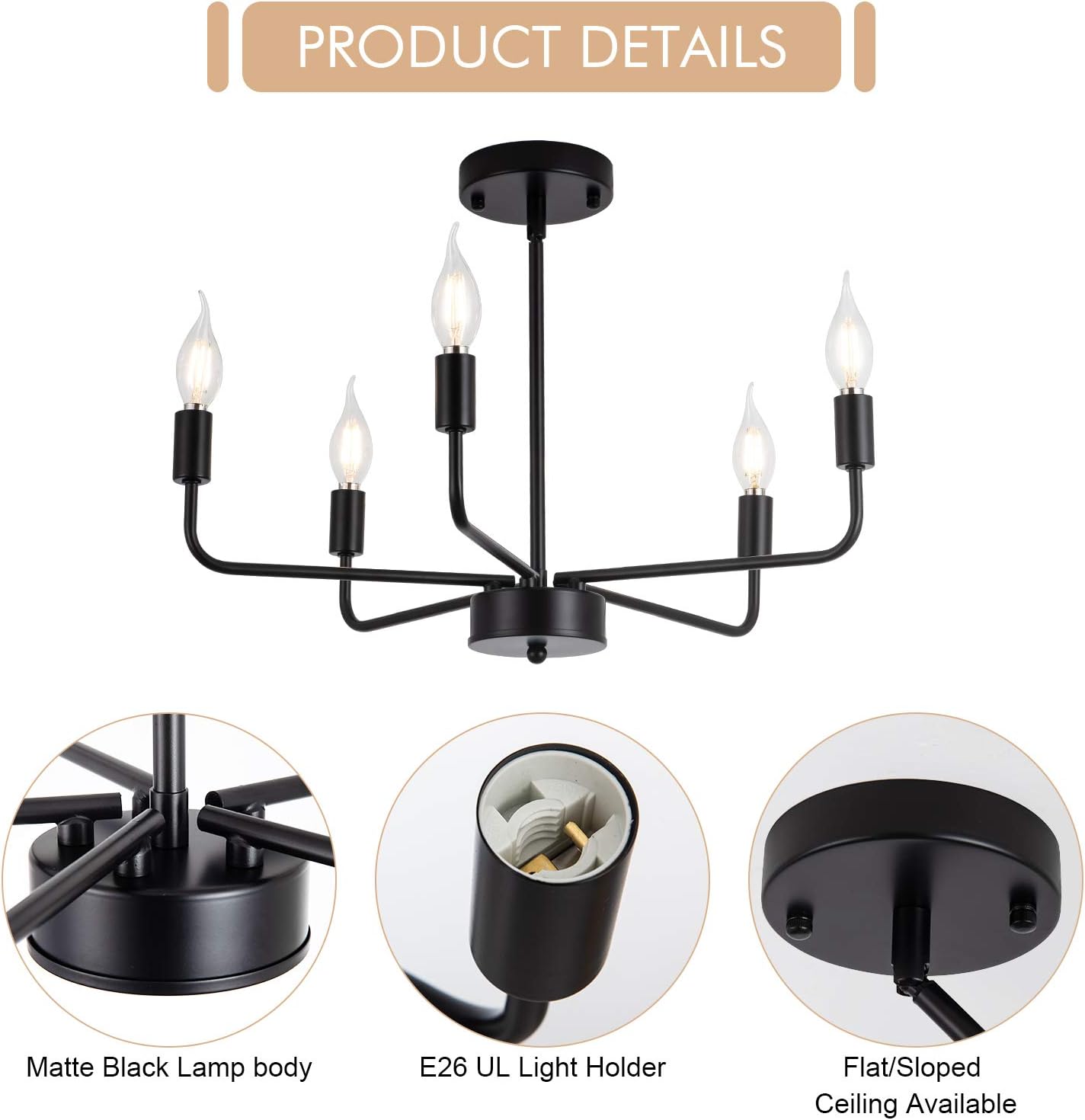 SHANSRUI Candelabro negro mate moderno estilo casa de campo, lámpara de techo contemporánea, 5 luces, lámparas colgantes para dormitorio, sala de