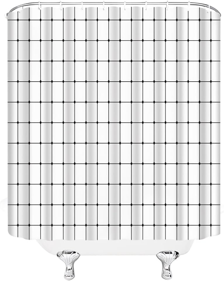 Cortina de ducha en blanco y negro, moderna, geométrica, línea de cuadrícula, bohemia, abstracta, minimalista, estética, cortina de baño de