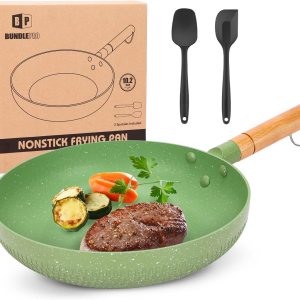 BUNDLEPRO Sartén antiadherente, sartén de revestimiento de granito con mango de madera, utensilios de cocina de aluminio verde compatible con BUNDLEPRO Sartén antiadherente, sartén de revestimiento de granito con mango de madera, utensilios de cocina de aluminio verde compatible con
