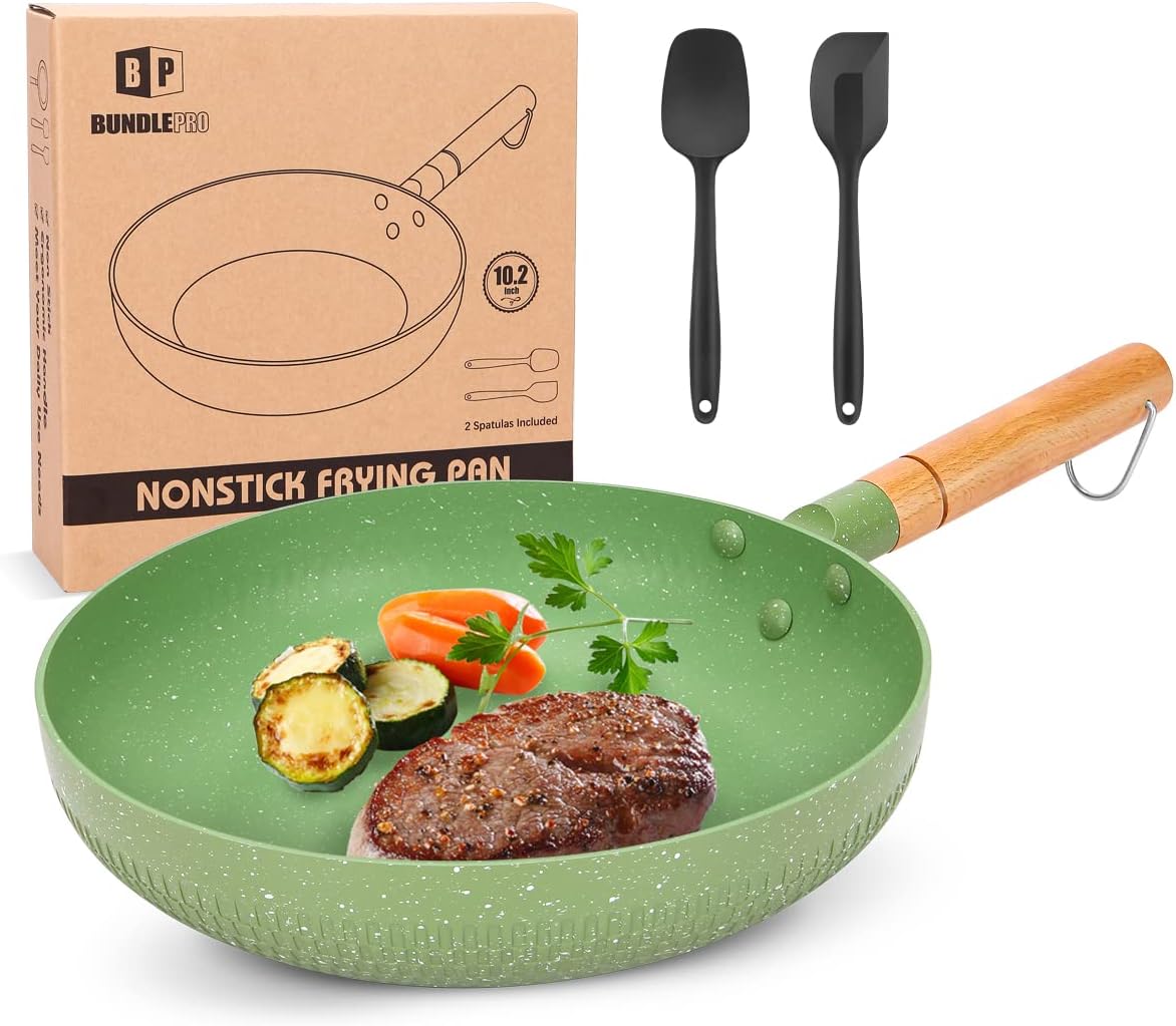 BUNDLEPRO Sartén antiadherente, sartén de revestimiento de granito con mango de madera, utensilios de cocina de aluminio verde compatible con