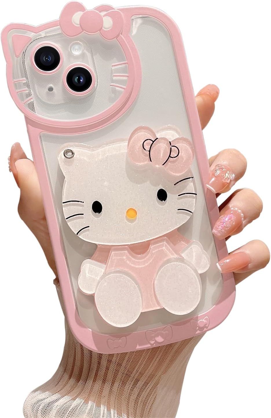 Funda para iPhone 15 Kawaii rosa con dibujos animados, con espejo, elegante y bonita funda para iPhone 15 de 6.1 pulgadas, color rosa