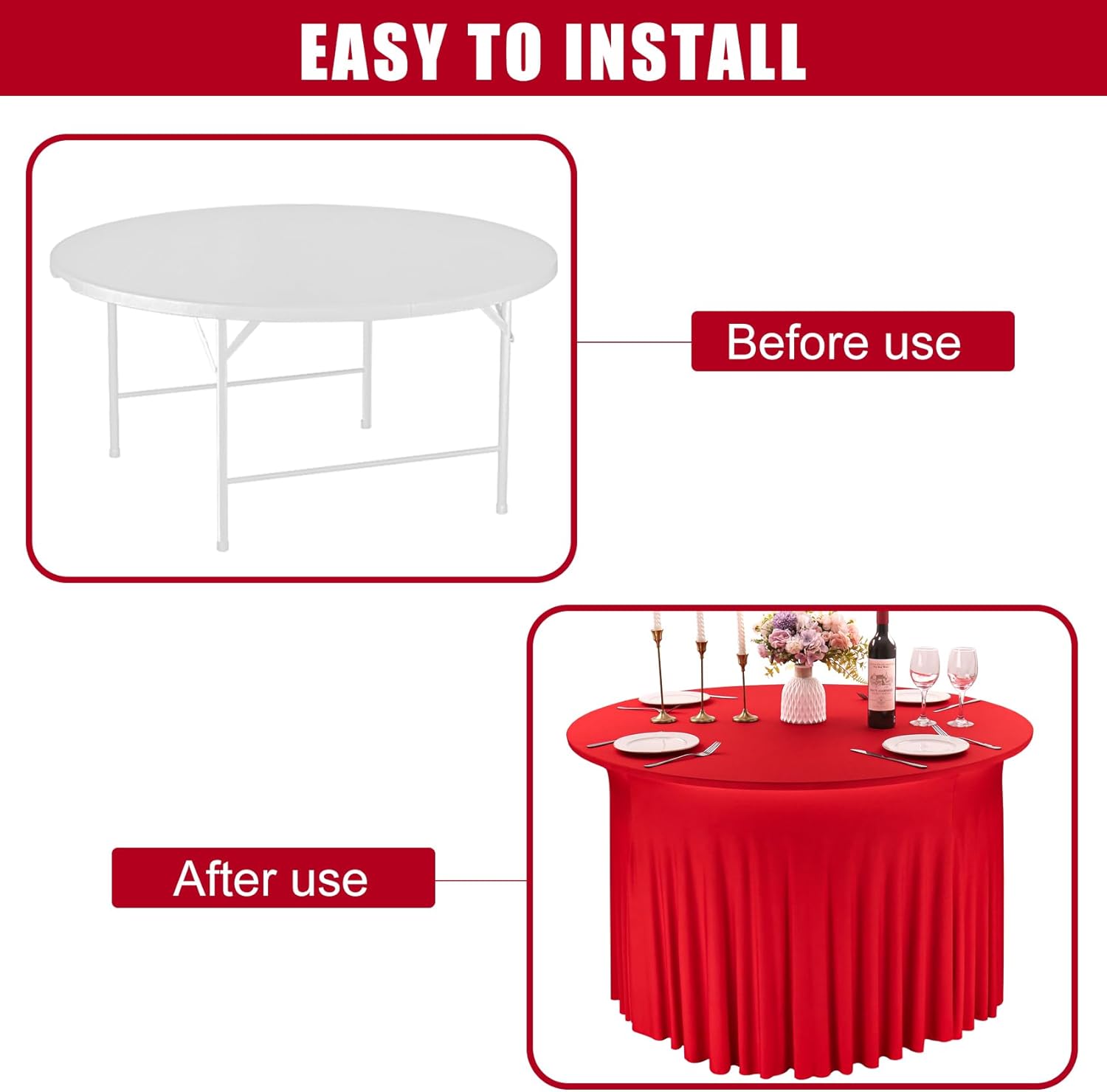 Paquete de 6 faldas de elastano de 6 pies para mesa redonda, lavables, manteles elásticos rojos, resistentes a las arrugas, ajustables, para