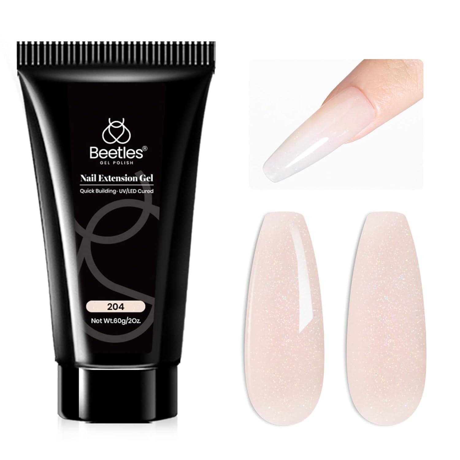 Beetles – Gel de extensión de uñas de poligel rosa natural con purpurina, 2.16 onzas (2.12 oz), color rosa brillante rocío de uñas de polygel,