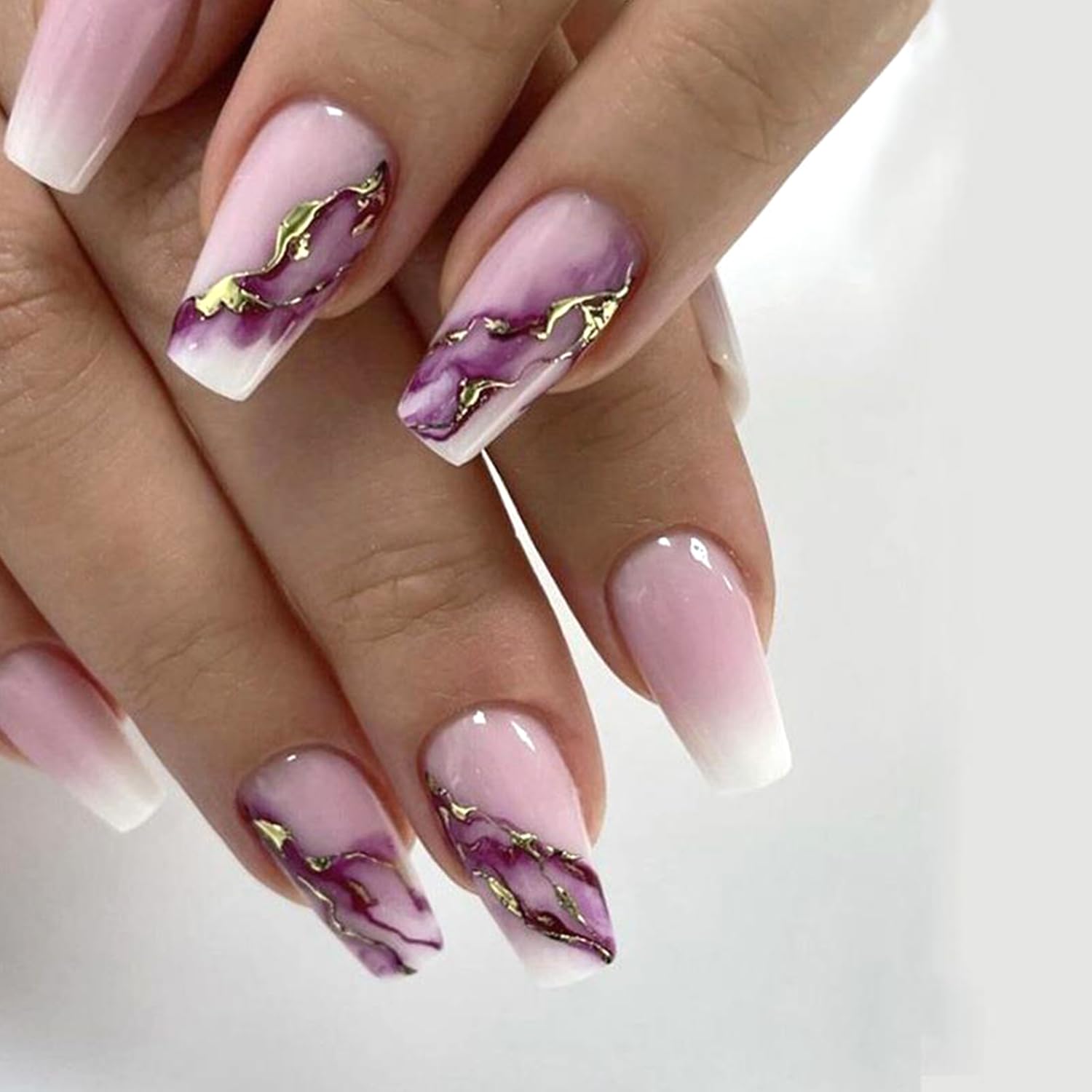 Uñas postizas a presión de mármol morado con lámina dorada, uñas postizas largas con degradado rosa, uñas postizas reutilizables con pegamento en
