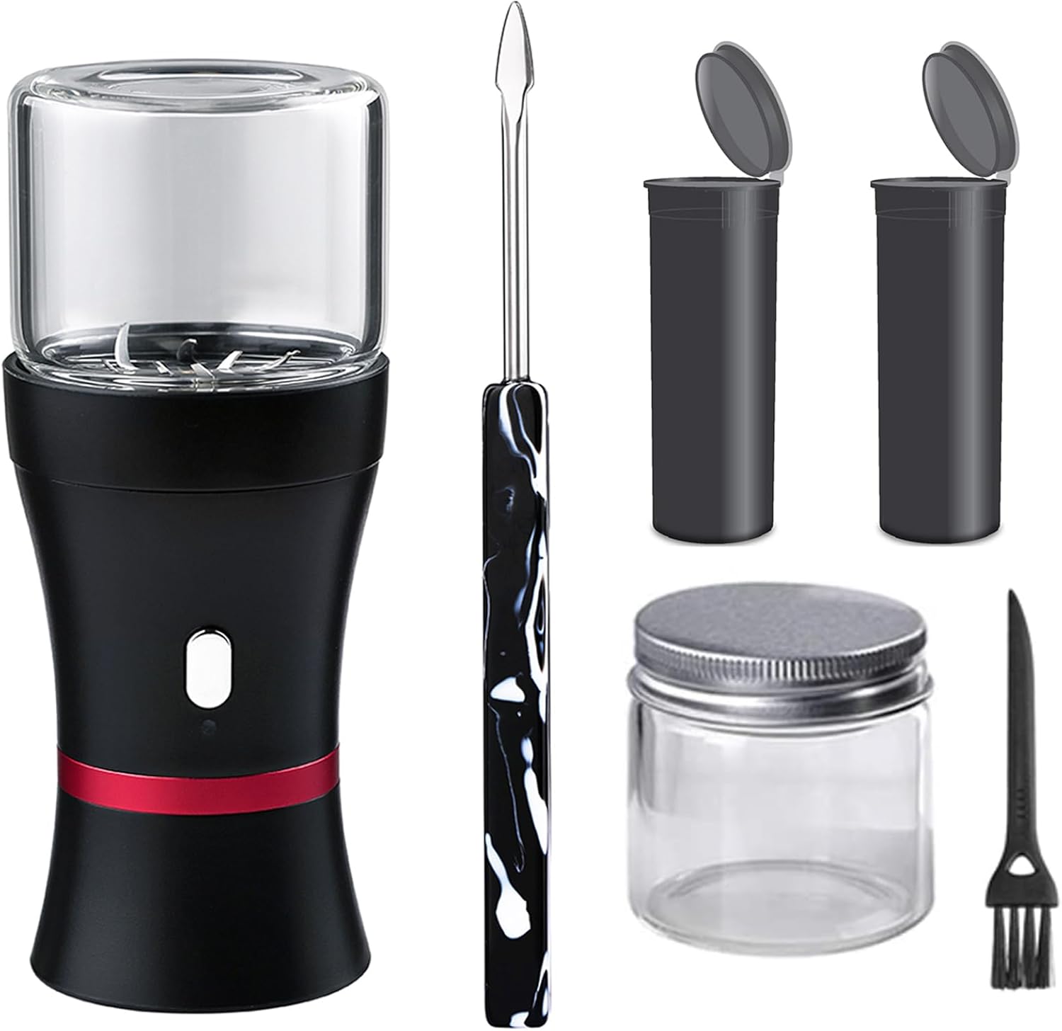 Sunseeke Molinillo eléctrico de hierbas con batería incorporada, 2 piezas de 1.7 oz de vidrio para hierbas, mini cámara portátil de color negro