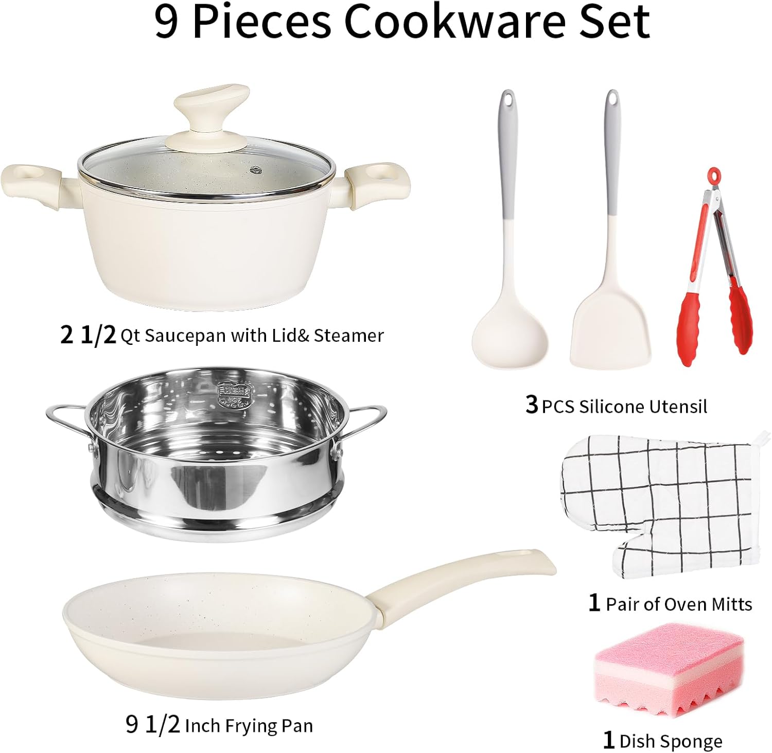 Juego de ollas y sartenes antiadherentes de 9 piezas, juego de utensilios de cocina de inducción con olla de 2.5 cuartos de galón y vaporizador de