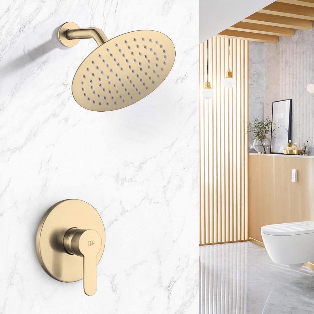 POP SANITARYWARE Juego de grifo de ducha dorado cepillado, mezclador de lluvia, accesorio de ducha montado en la pared, sistema de cabezal de ducha
