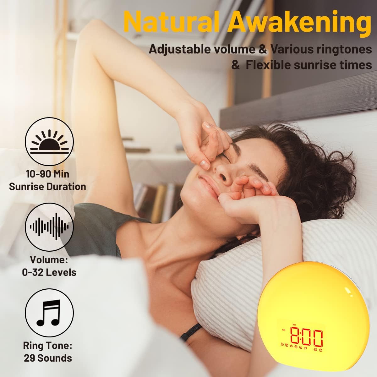 Magicteam Reloj despertador Sunrise con 25 sonidos relajantes, simulación, alarma dual, dormitorio, niños, adultos, durmientes pesados, 12 colores,