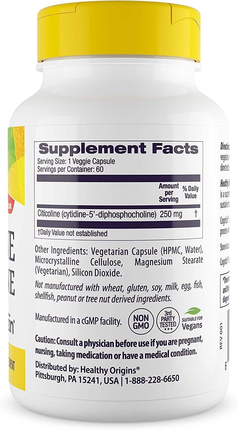 Healthy Origins Citicoline CDP Colina 250 mg (Cognizin, sin OMG, sin gluten, apoyo cognitivo), 60 cápsulas vegetales