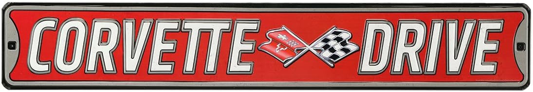 Chevrolet Corvette Drive – Letrero de calle de metal en relieve, grande, rojo corbeta para garaje o cueva de hombre