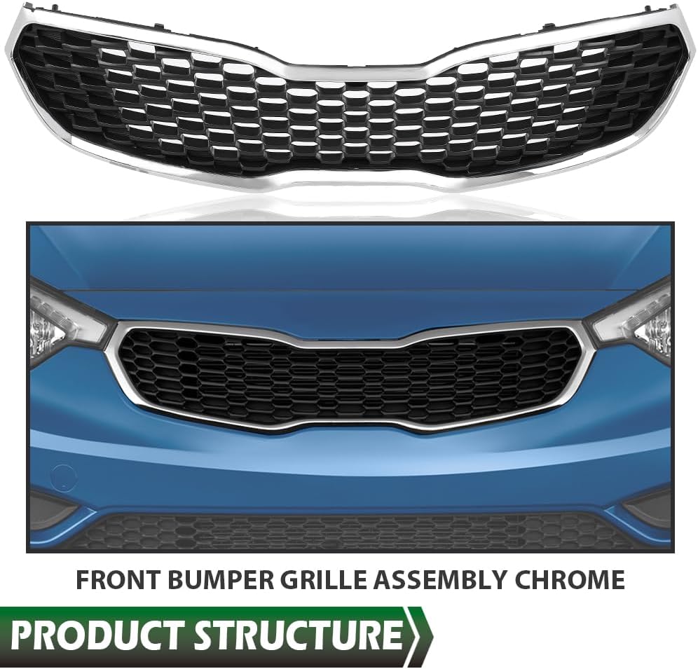 GRAND ORANGE Parachoques delantero parrilla montaje cromo malla estilo compatible con Kia Forte SXEXLX 2014 2015 2016 KI1200156, 86350A7500