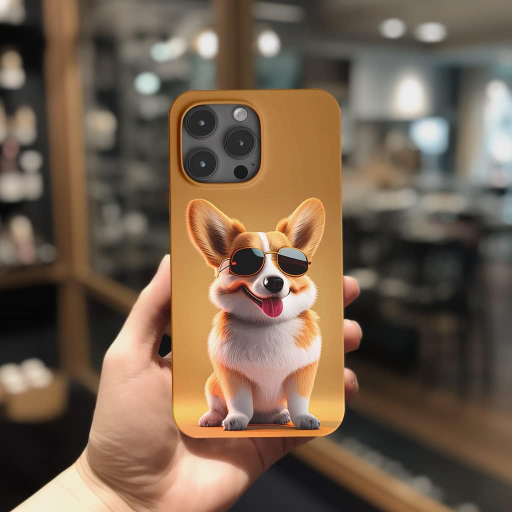 Lindo Corgi cachorro con gafas de sol amarillo para iPhone 14 Pro Max Descripción de la caja del teléfono, paquete completo de pintura en aerosol,