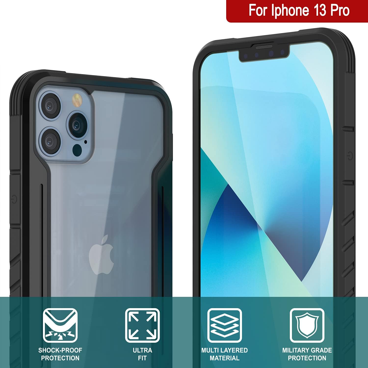 Punkcase Diseñada para iPhone 13 Pro Armor Stealth Series funda protectora de grado militar con marco de aluminio parte trasera transparente Máxima