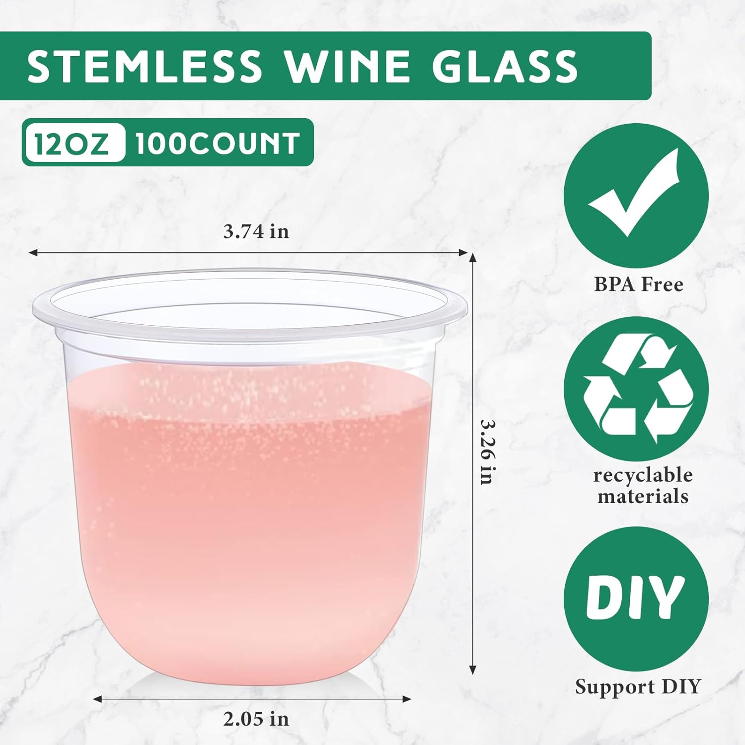 100 copas de vino de plástico sin tallo, desechables, de plástico transparente, para fiestas, bodas, cumpleaños, cócteles (12 onzas)