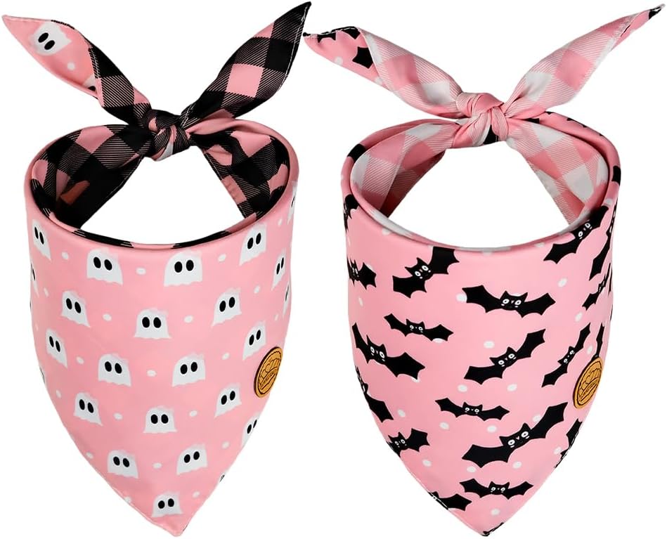 CROWNED BEAUTY Bandanas de Halloween reversibles para perros, paquete de 2 unidades, juego de murciélago fantasma, bufandas triangulares ajustables