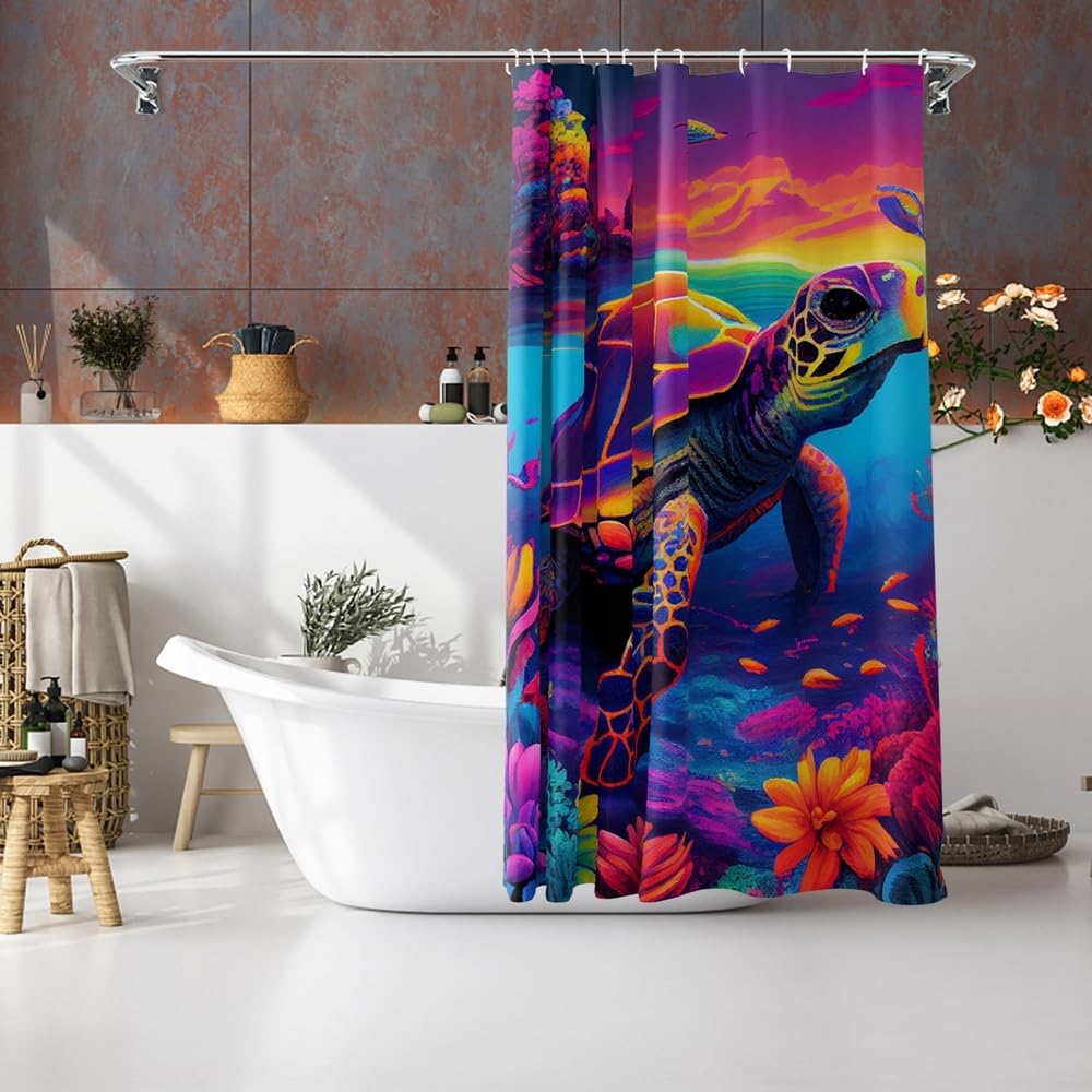 Juego de cortinas de ducha de tela con temática náutica de tortugas marinas y océano, decoración de baño con ojales y ganchos, 72 x 72 pulgadas