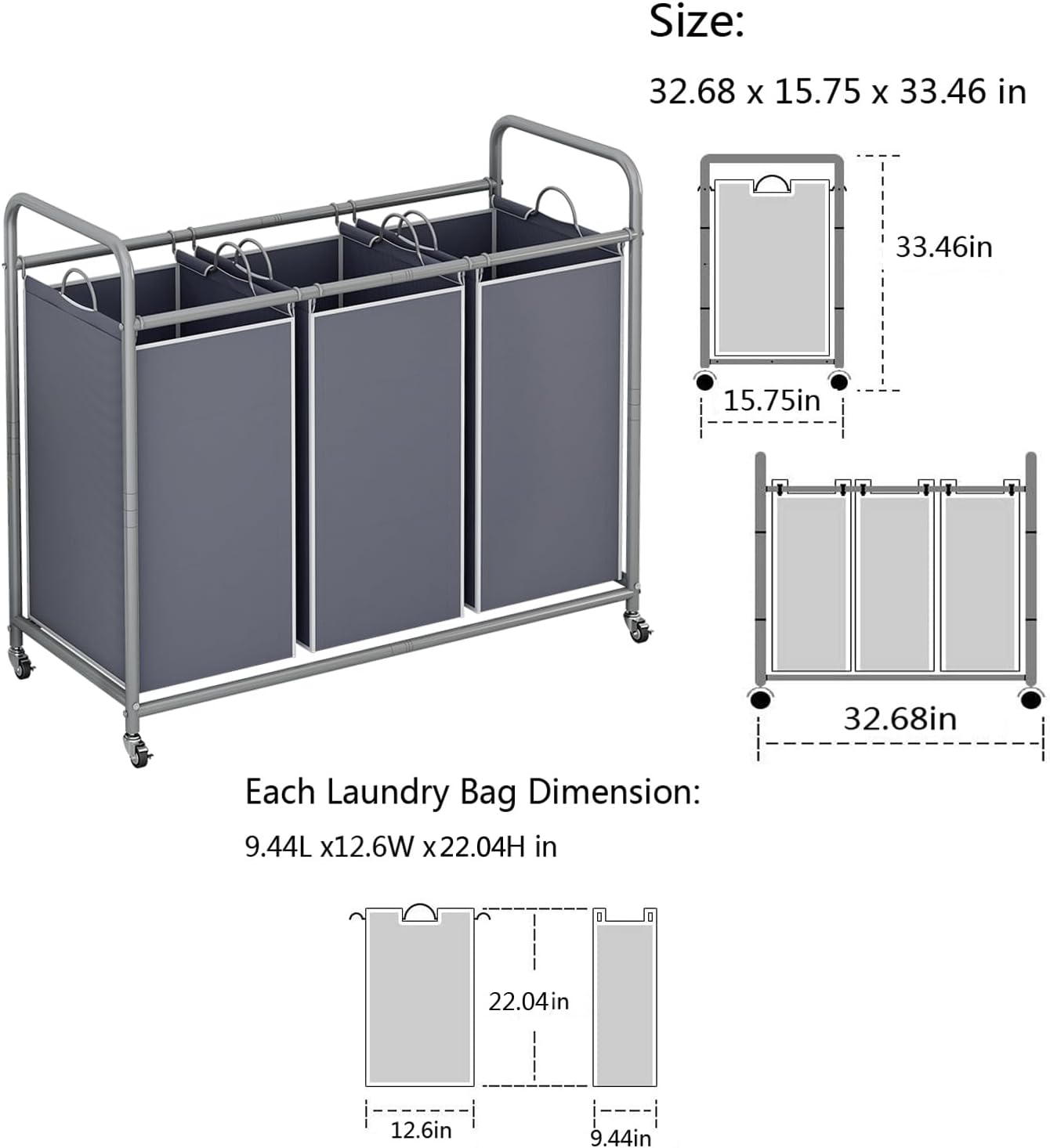 LINZINAR Clasificador de ropa sucia de 3 bolsas, carrito de lavandería con ruedas enrollables resistentes y bolsas extraíbles (gris)