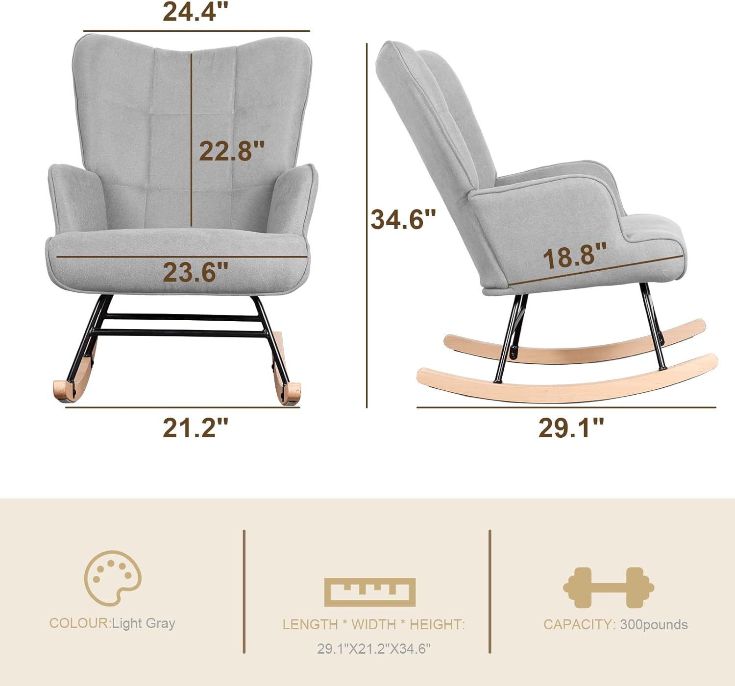 Polar Aurora Mecedora tapizada de tela para guardería, silla deslizadora con patas de metal de madera resistentes para sala de estar, dormitorio,