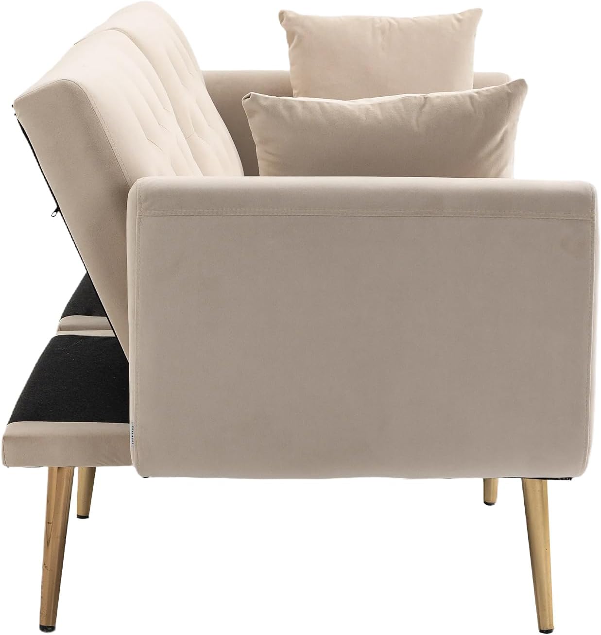 Kakotito Sofá biplaza de terciopelo moderno de mediados de siglo, sofá pequeño con 7 patas de metal dorado (beige)