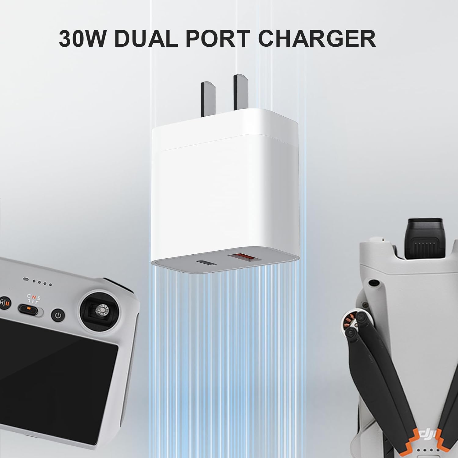 Adaptador de corriente para dron, versión mejorada de 30 W GaN Bloque de cargador compacto de doble puerto, cargador de puerto USB C y B, compatible