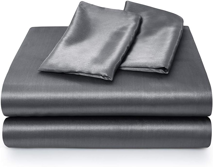 Juego de sábanas de satén de tamaño matrimonial, sábanas de seda gris, juego de ropa de cama suave de 4 piezas con 1 sábana bajera de bolsillo