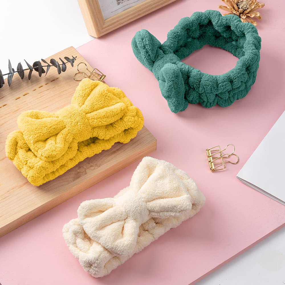 Diadema de spa  Paquete de 3 bandas para el cabello con lazo para mujer, diademas de maquillaje facial suave de vellón coral elástico para la