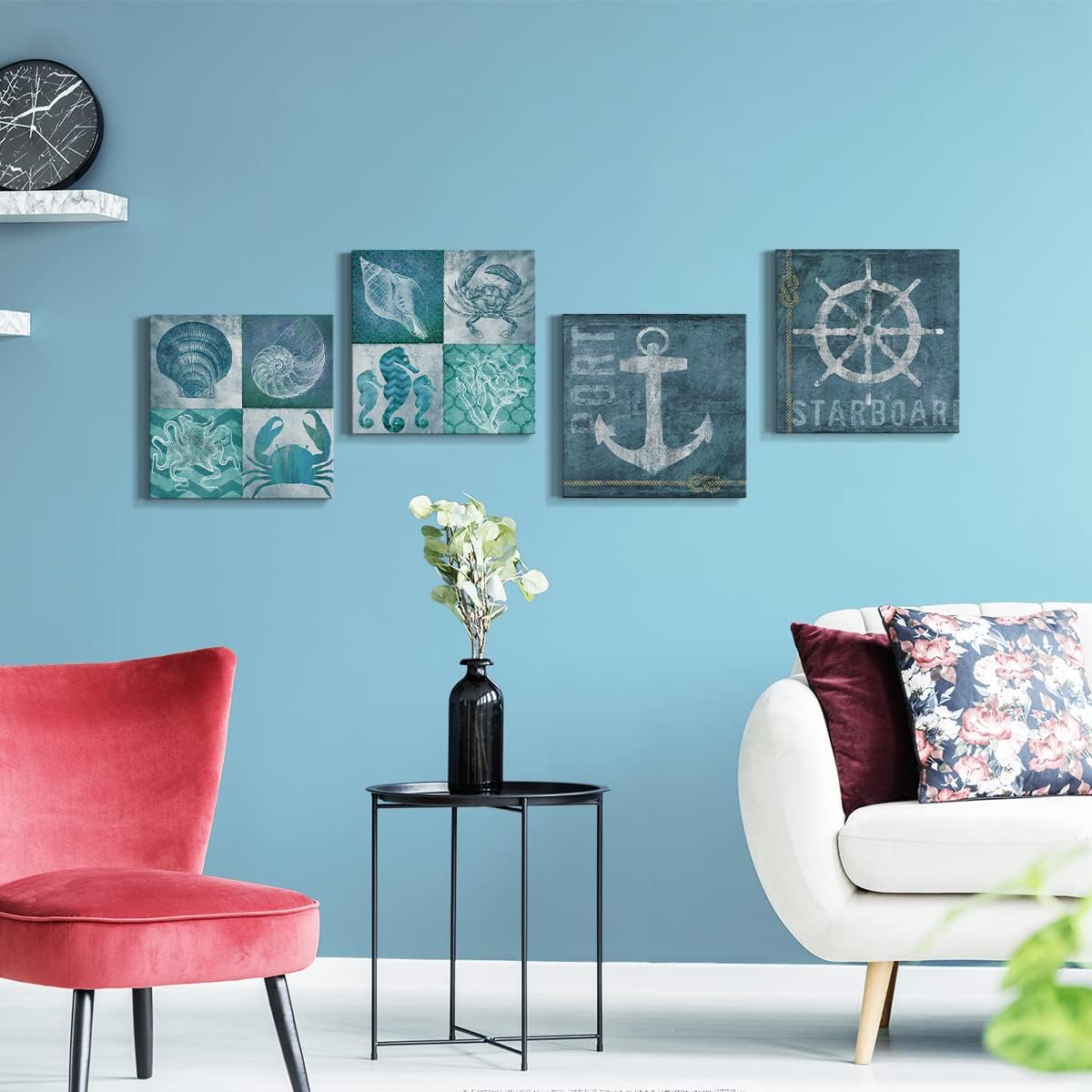 Lienzo decorativo para pared de baño, impresiones náuticas de animales marinos, arte de pared azul marino, 12 x 12 pulgadas, juego de 4 pinturas
