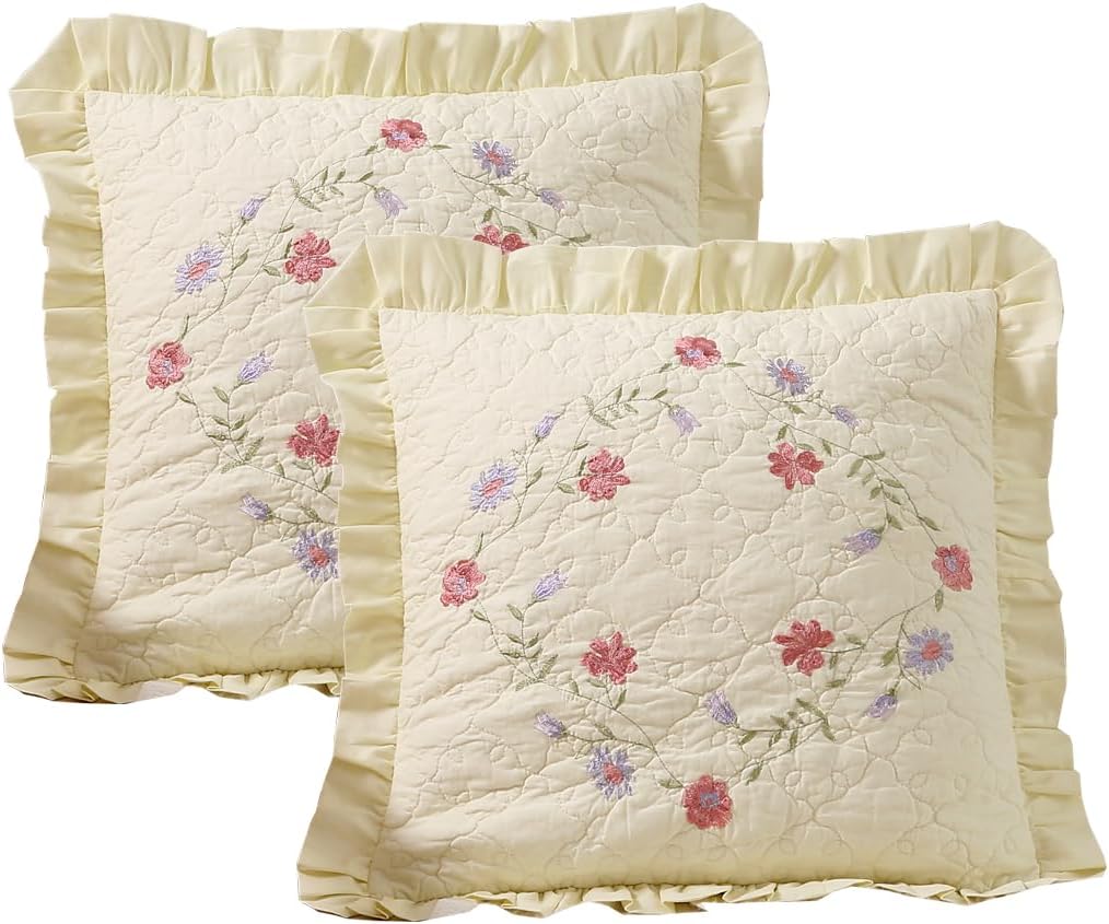 vctops Juego de 2 fundas de almohada cuadradas decorativas de algodón con volantes y diseño floral suave para sofá, cama (flor B, 18 x 18 pulgadas)
