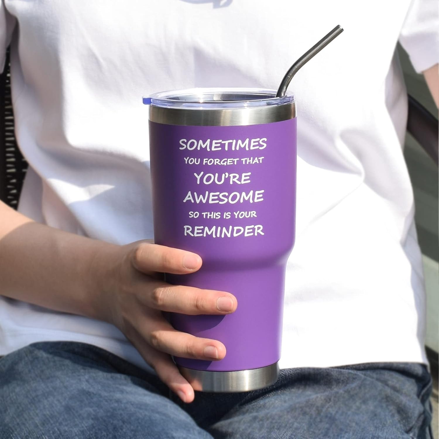 CHIUTUUY Taza de café inspiradora con tapa y pajita, con aislamiento de doble pared, de acero inoxidable, con tapa y pajita, regalos divertidos de