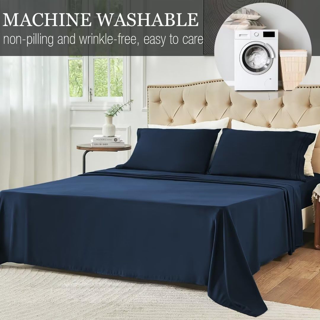 Juego de sábanas de tamaño matrimonial, color azul marino, sábanas bajeras y fundas de almohada, 4 piezas de microfibra suave y refrescante para