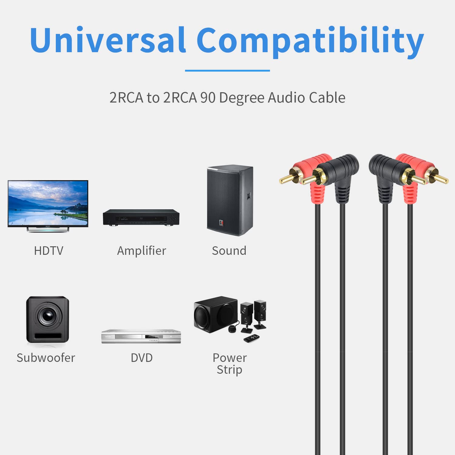 Duttek Cable RCA de 90 grados de 3 pies  3.3 ft, cable RCA doble en ángulo recto macho a macho chapado en oro, cable de audio RCA para