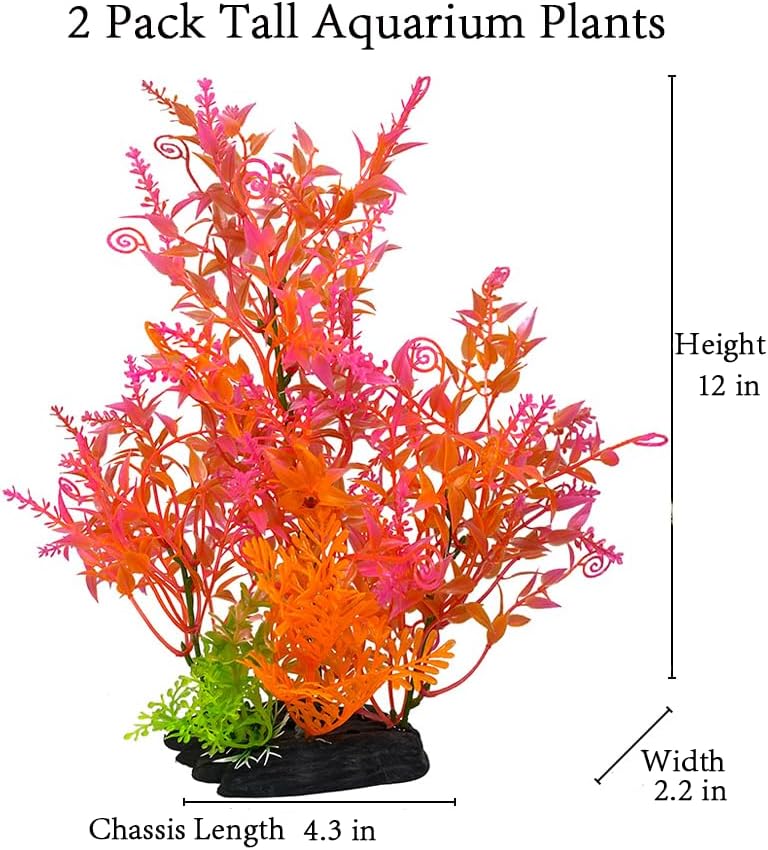 Paquete de 2 plantas de plástico para decoración de acuario, planta de pecera artificial grande, decoraciones de pecera alta, coloridas