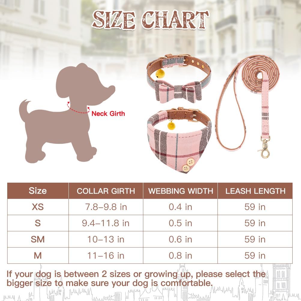 EXPAWLORER Juego de collar y correa para perro, corbata clásica a cuadros para perro y collar bandana con campana, correa para perro sin enredos,