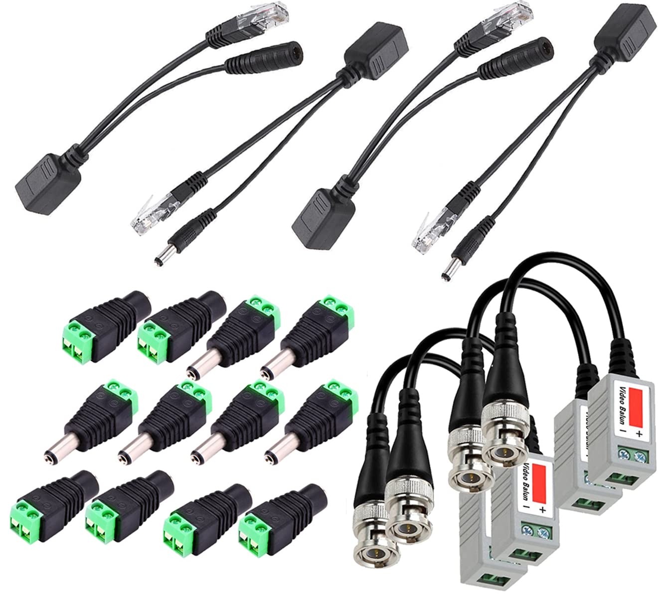 FINXRoll 2 pares BNC Video Balun+2 pares Ethernet PoE adaptador RJ45 Inyector Splitter+5 pares 12V DC macho hembra conector CCTV cable de