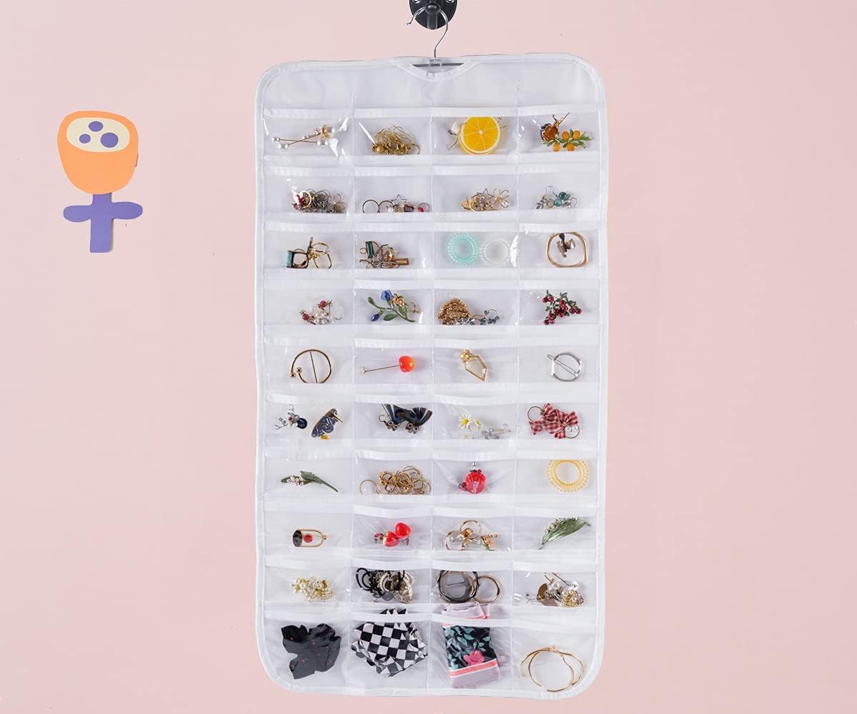 Bloss Organizador de joyas colgante con 80 bolsillos de doble tamaño para almacenamiento de joyas para almacenamiento de pendientes de joyería,