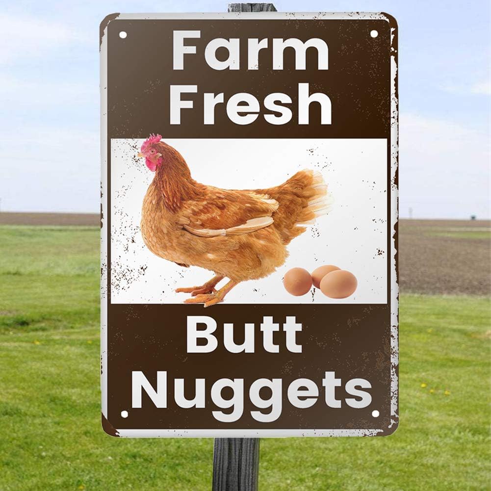 ANJOOY – Letrero de metal vintage de hojalata  Farm Fresh Butt Nuggets  Venta de huevos de pollo, mercado, granja, granero, baño, patio, regalos