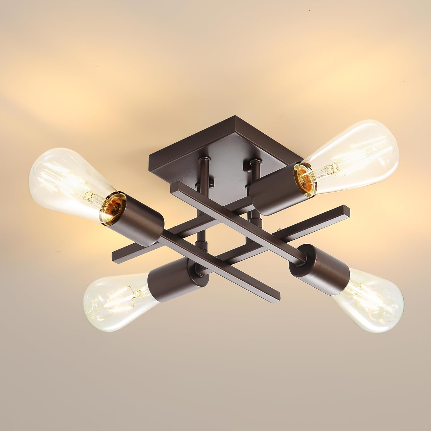 Lámparas industriales de techo semiempotradas de 4 luces, lámpara de araña de bronce aceitado de granja, moderna base E26 Sputnik lámparas de techo